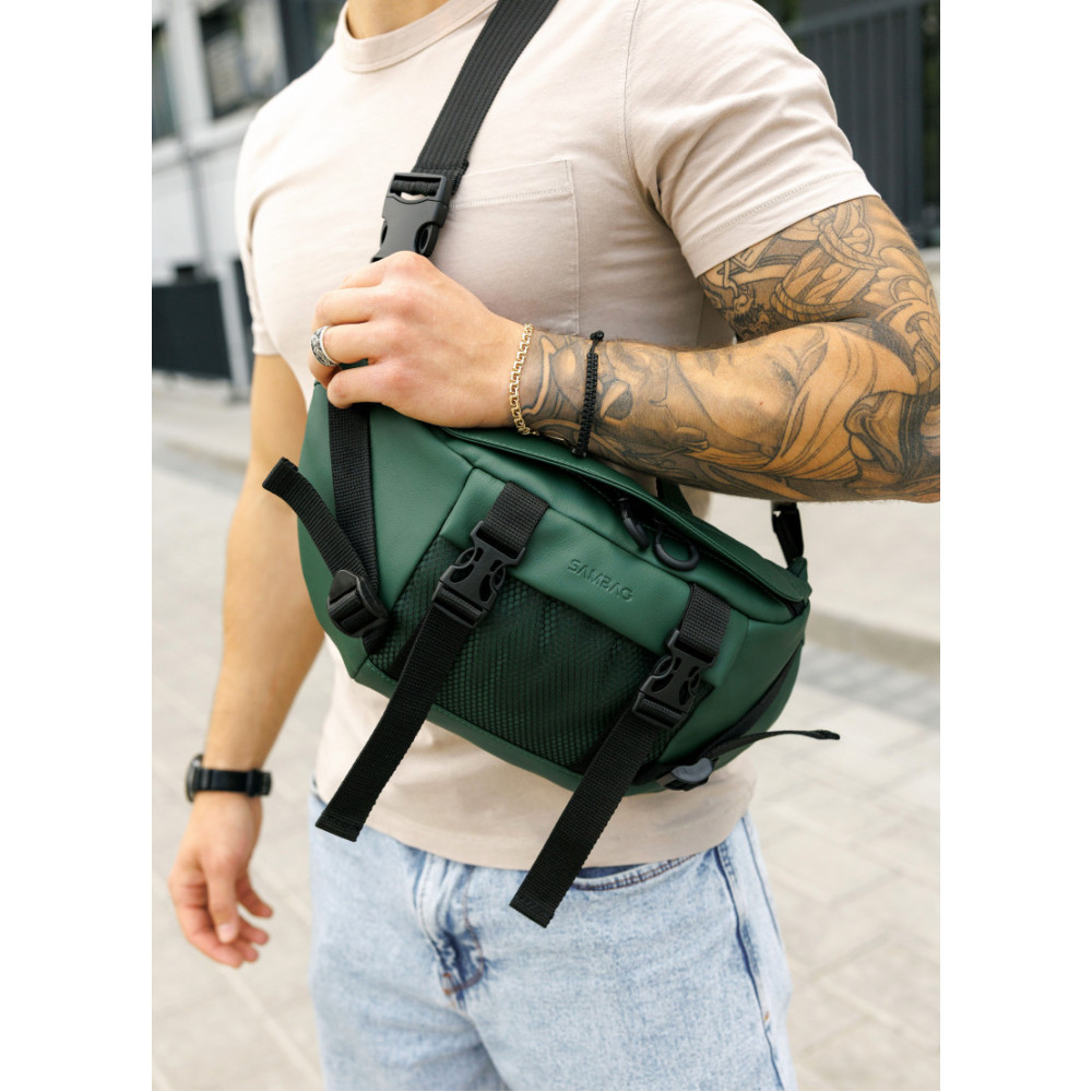 Велика чоловіча сумка бананка Sambag DynamicDart зелена 38 × 21 × 7 см (80411007m)