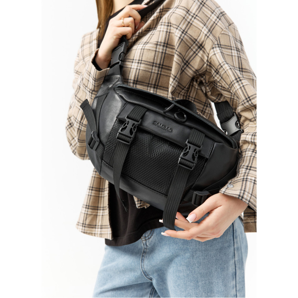 Большая женская поясная сумка бананка Sambag DynamicDart черная 38×21×7 см (80411101)