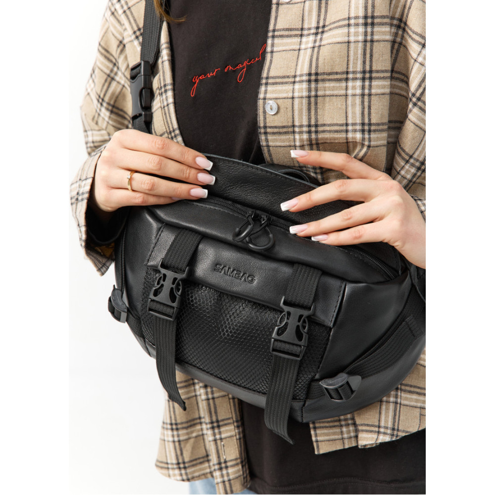 Большая женская поясная сумка бананка Sambag DynamicDart черная 38×21×7 см (80411101)
