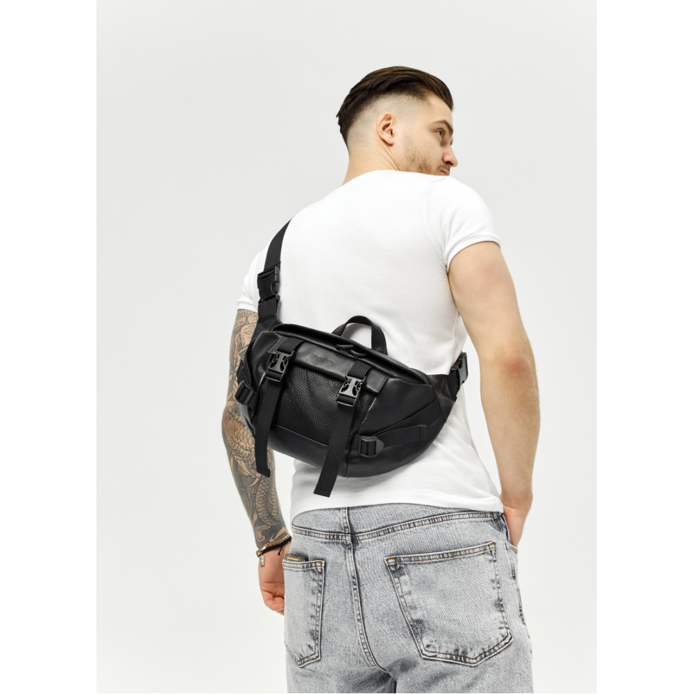 Большая мужская сумка бананка Sambag DynamicDart черная 38 × 21 × 7 см (80411101m)