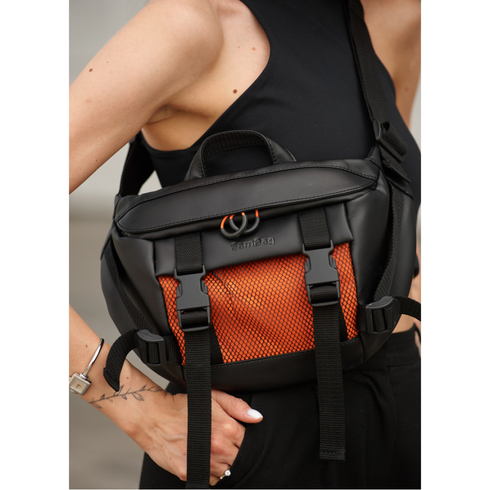 Женская сумка бананка Sambag Dynamicdart черно-оранжевая 38 × 21 × 7 см (80411129)