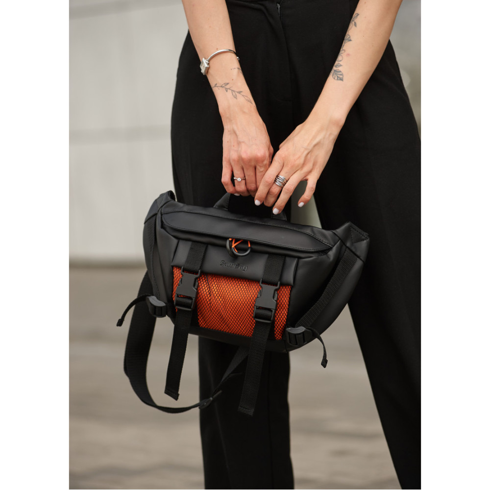 Женская сумка бананка Sambag Dynamicdart черно-оранжевая 38 × 21 × 7 см (80411129)