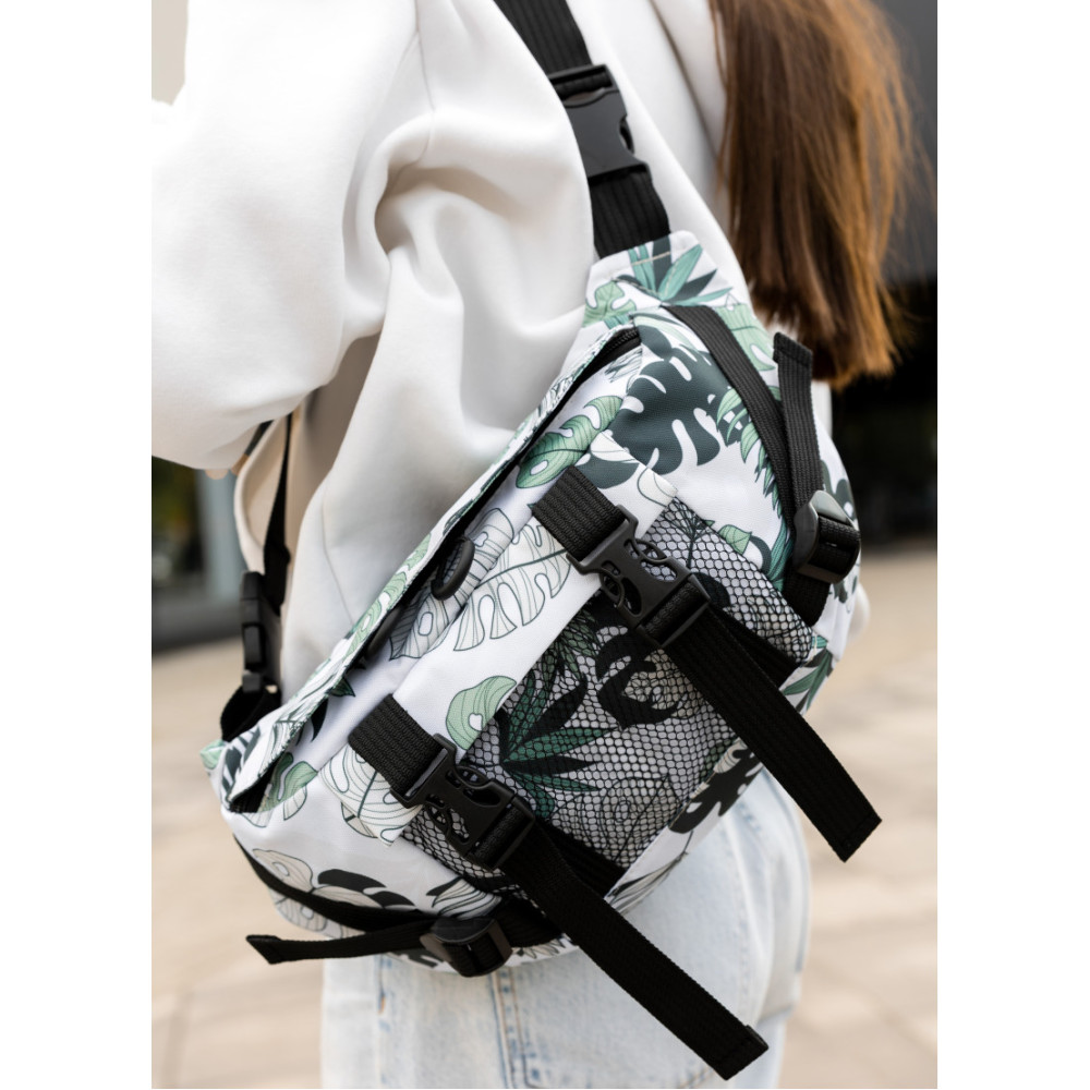 Большая женская поясная сумка бананка Sambag DynamicDart принт "Leaves" 38×21×7 см (80411144)