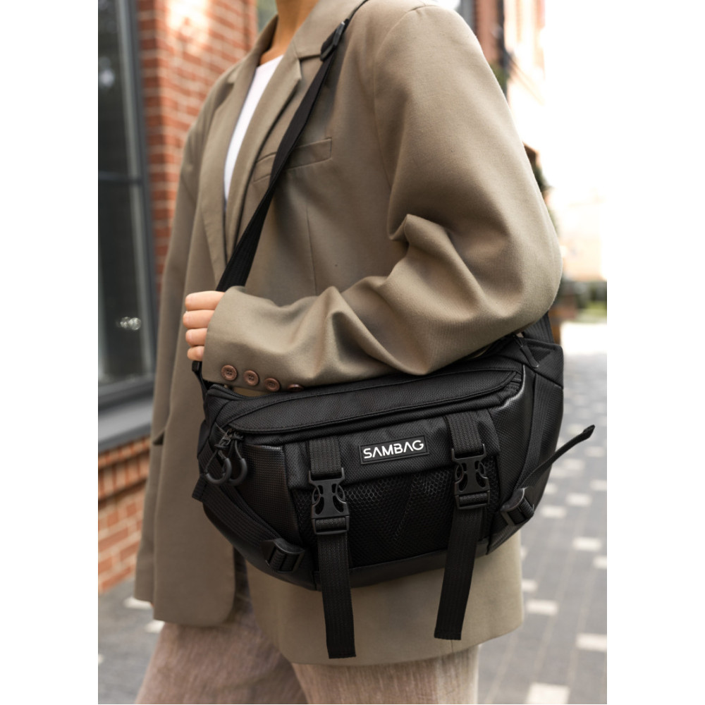 Велика жіноча поясна сумка бананка Sambag DynamicDart чорна 38 × 21 × 7 см (80411701)