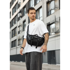 Большая мужская сумка бананка Sambag DynamicDart черная тканевая 38 × 21 × 7 см (80411701m)