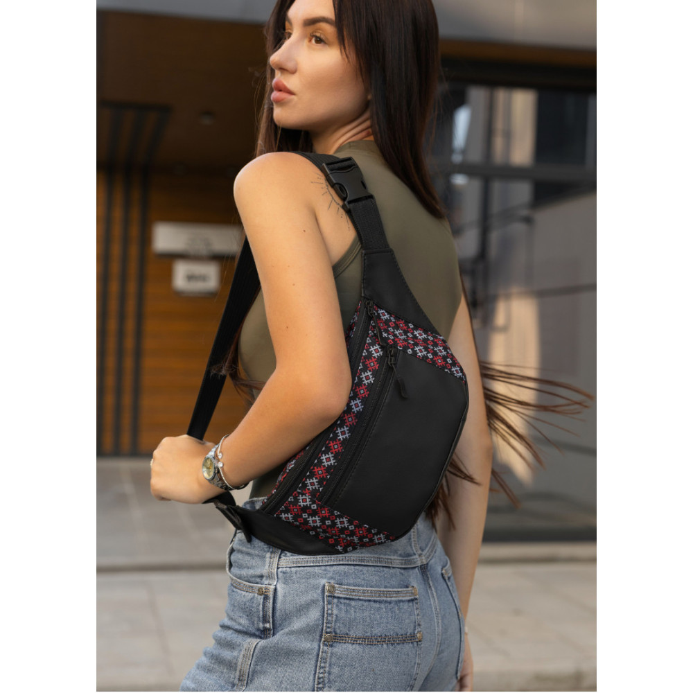 Велика жіноча сумка на пояс бананка Sambag Tirso Max чорна принт 38 × 17 × 6 см (80341148)
