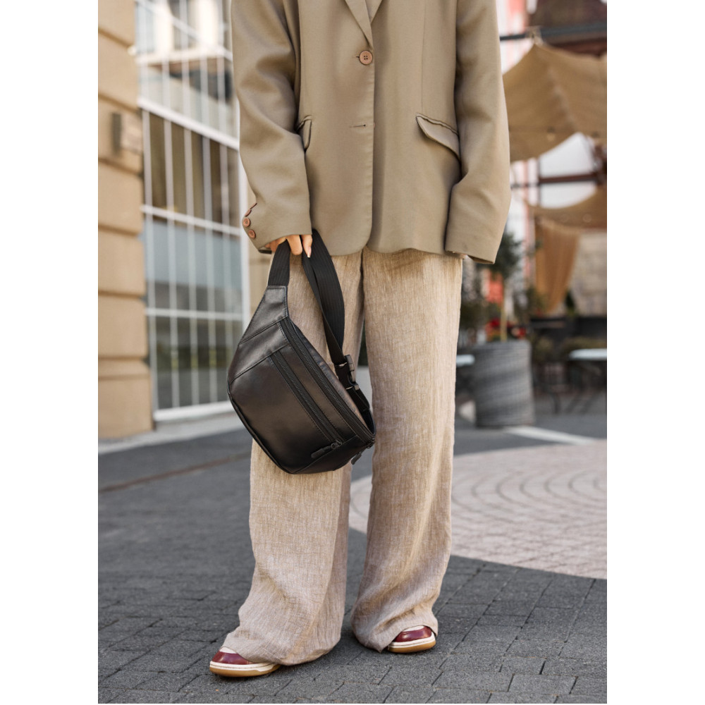 Большая женская кожаная сумка бананка Sambag Tirso Max черная 38×17×6 см (81341101)