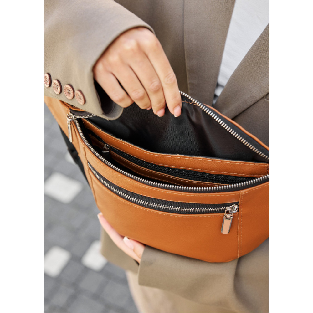 Большая женская кожаная сумка бананка Sambag Tirso Max рыжая 38×17×6 см (81341121)
