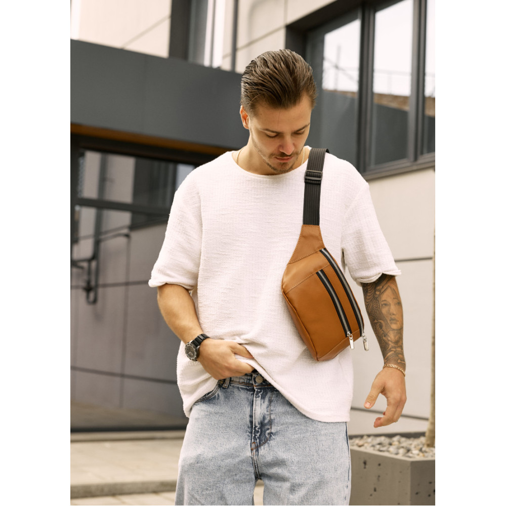 Большая мужская кожаная сумка на пояс бананка Sambag Tirso Max рыжая 38×17×6 см (81341121m)