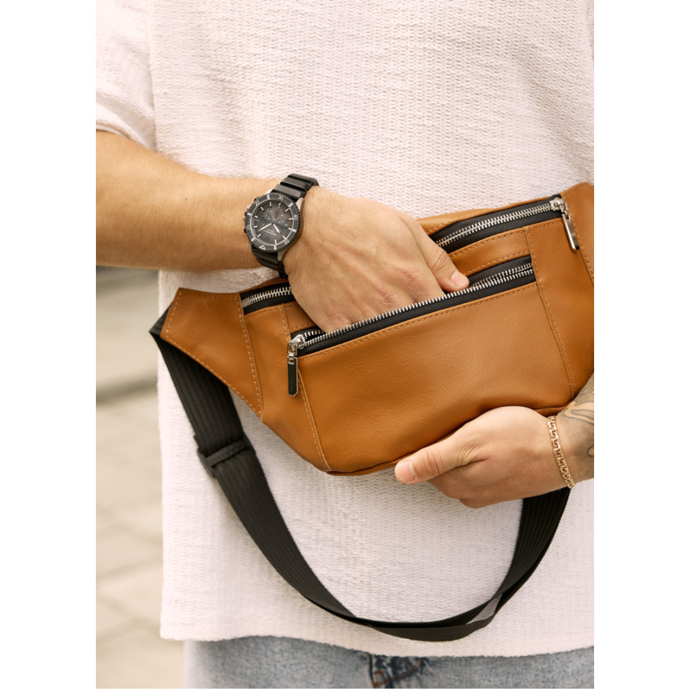 Большая мужская кожаная сумка на пояс бананка Sambag Tirso Max рыжая 38×17×6 см (81341121m)