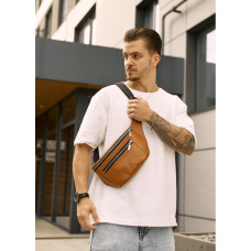 Большая мужская кожаная сумка на пояс бананка Sambag Tirso Max рыжая 38×17×6 см (81341121m)