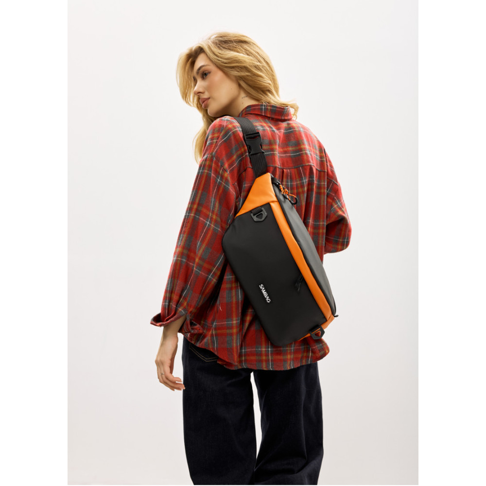 Женская сумка-бананка под ноутбук Sambag Urban Laptop черно-оранжевая 46×26 см (51411129)