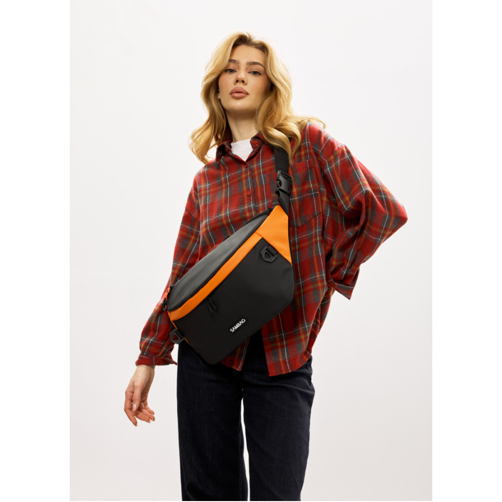 Женская сумка-бананка под ноутбук Sambag Urban Laptop черно-оранжевая 46×26 см (51411129)