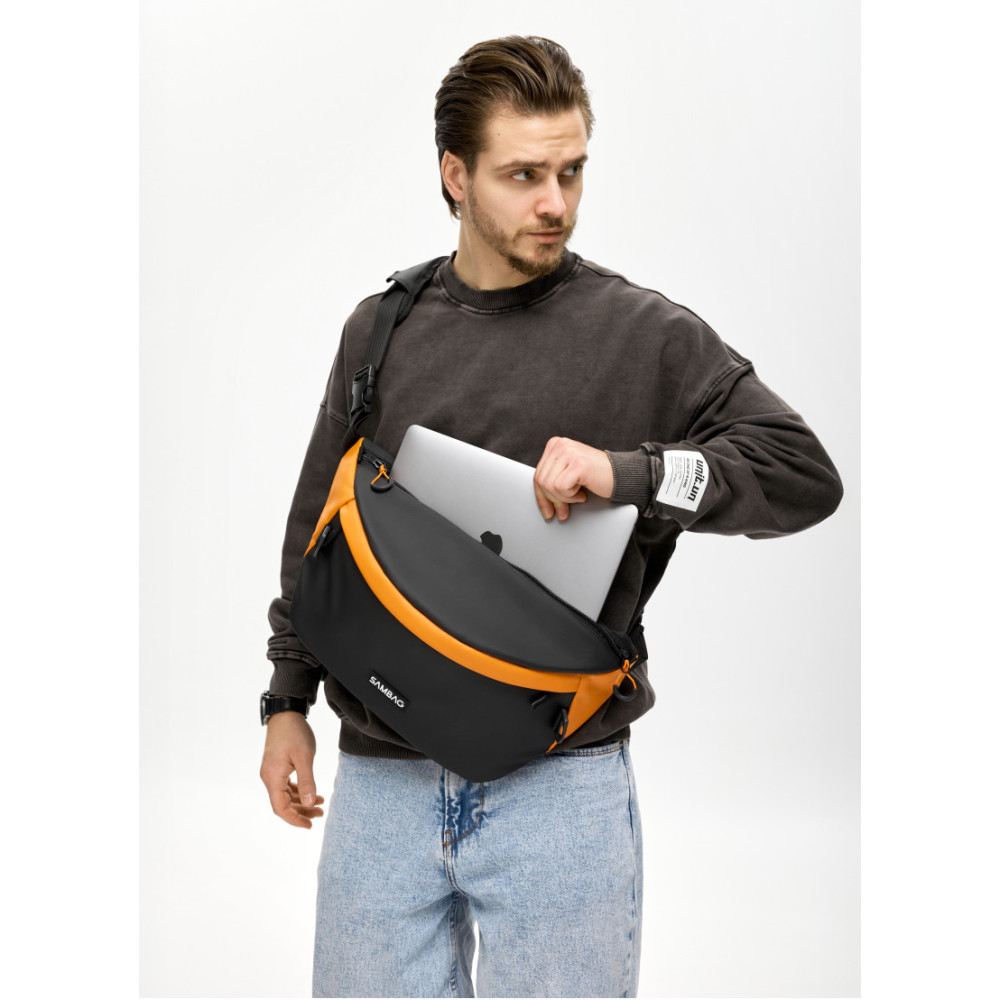 Мужская сумка-бананка под ноутбук Sambag Urban Laptop черно-оранжевая 46×26 см (51411129m)