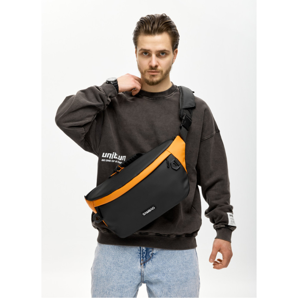 Мужская сумка-бананка под ноутбук Sambag Urban Laptop черно-оранжевая 46×26 см (51411129m)