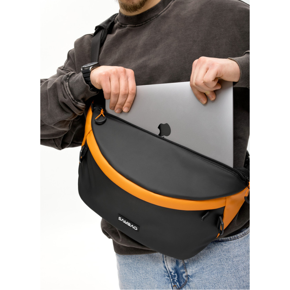 Мужская сумка-бананка под ноутбук Sambag Urban Laptop черно-оранжевая 46×26 см (51411129m)