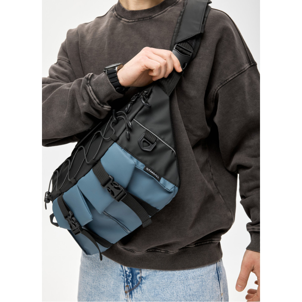 Чоловіча cумка-бананка під ноутбук Sambag Urban Pro чорно-синя 46 × 26 см (51411215m)