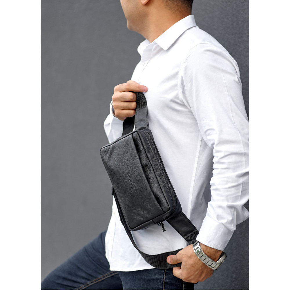 Чоловіча шкіряна сумка бананка Sambag 0ST чорна (88218101)
