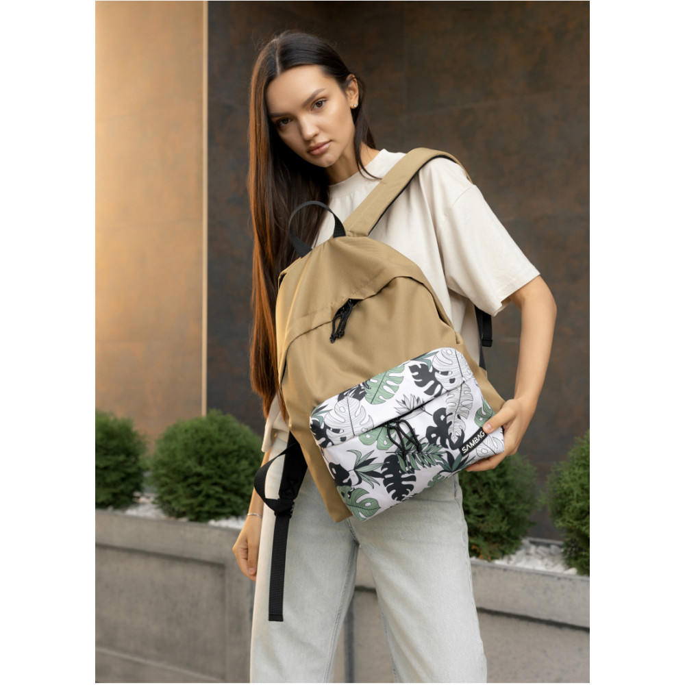 Женский рюкзак Sambag Active песочный тканевый с принтом "monstera" 40 х 33 х 14 см (11811144)