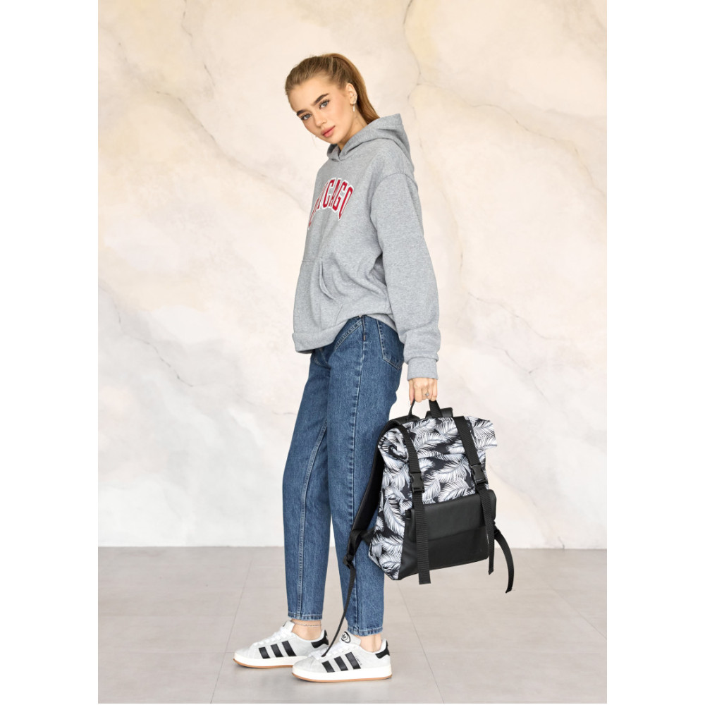 Жіночий рюкзак ролл Sambag RollTop Milton чорний з принтом Palm 41 х 30 х 16 см (24251720)