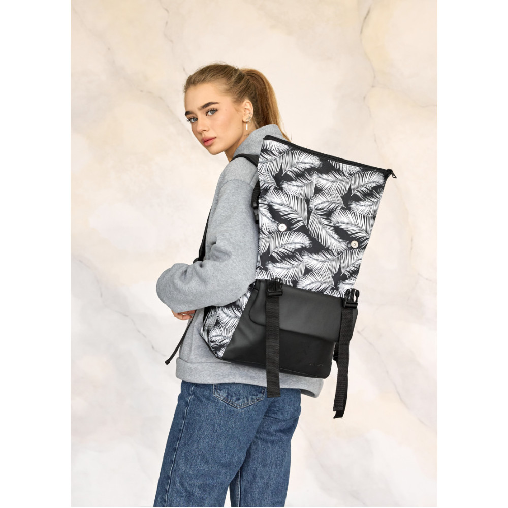 Жіночий рюкзак ролл Sambag RollTop Milton чорний з принтом Palm 41 х 30 х 16 см (24251720)