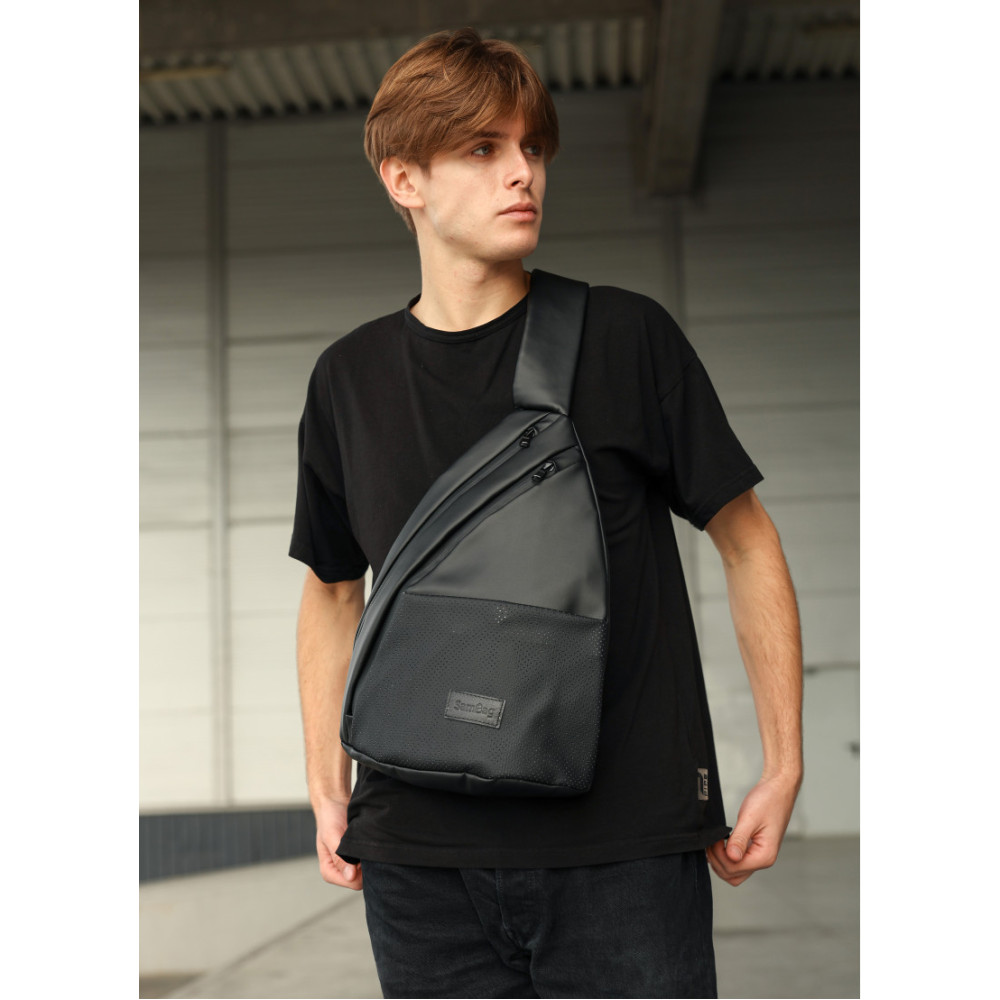 Сумка через плече слінг Sambag Brooklyn MSH чорний з перфорацією 34 х 26 х 10 см (83311301m)