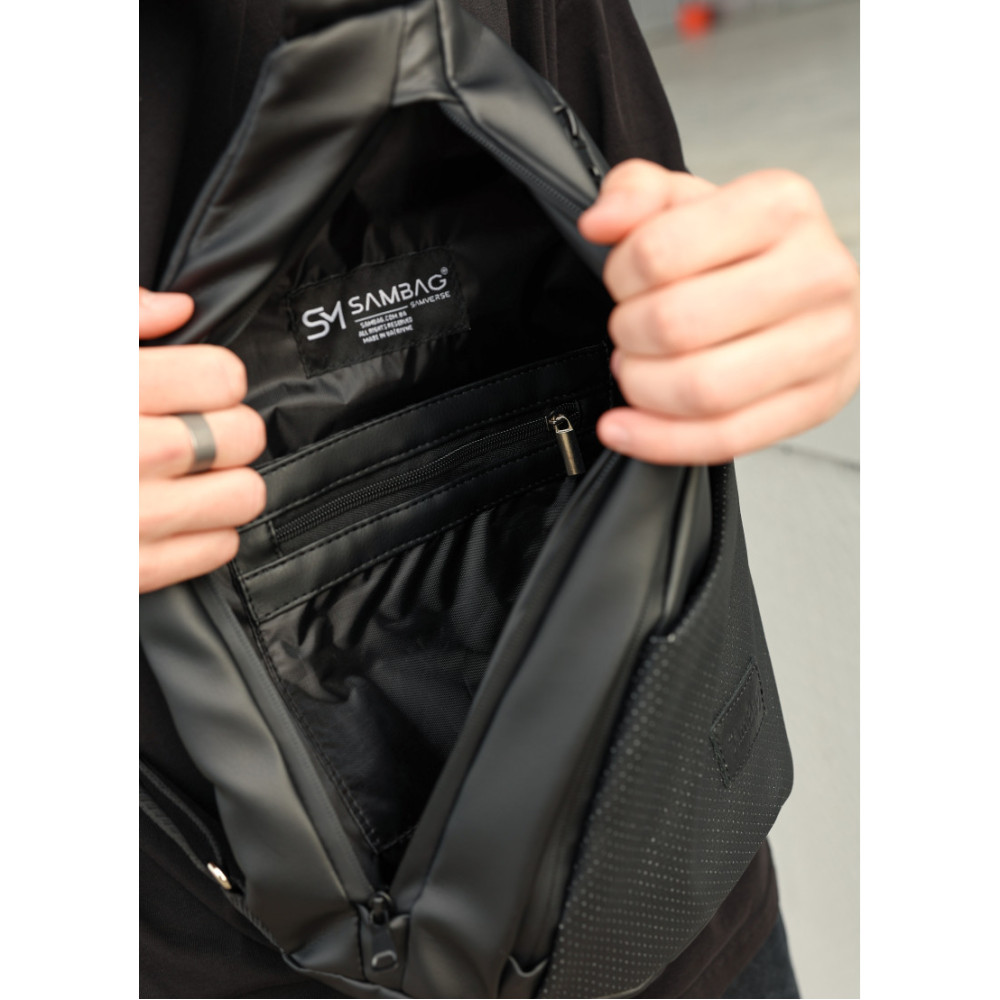 Сумка через плече слінг Sambag Brooklyn MSH чорний з перфорацією 34 х 26 х 10 см (83311301m)
