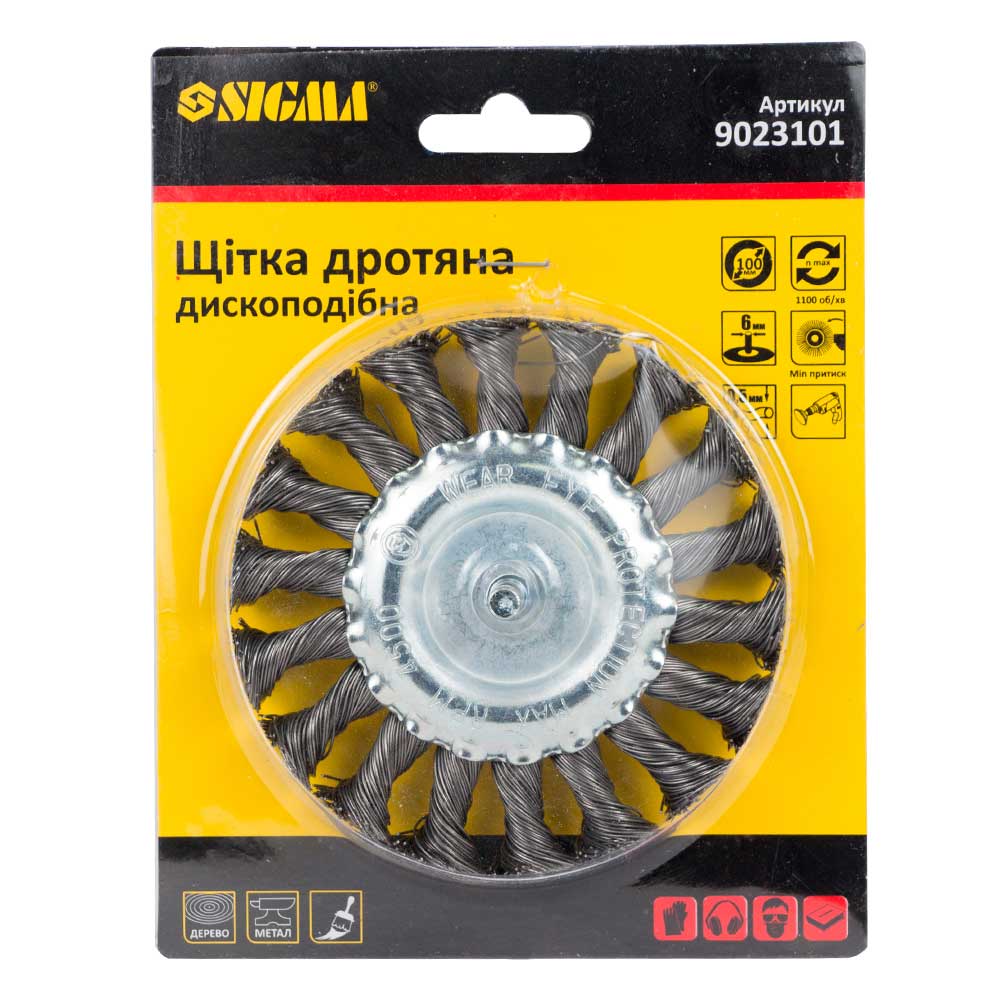 Щетка проволочная дисковидная Sigma Ø100мм хвостовик Ø6мм (стальная крученая) (9023101)