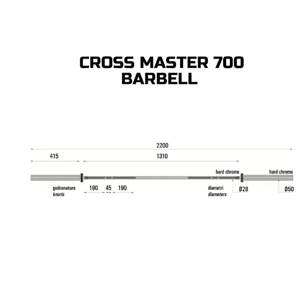 Гриф для штанги Toorx Max 700 Kg Cross Master 220 см 50 мм (BO-700)