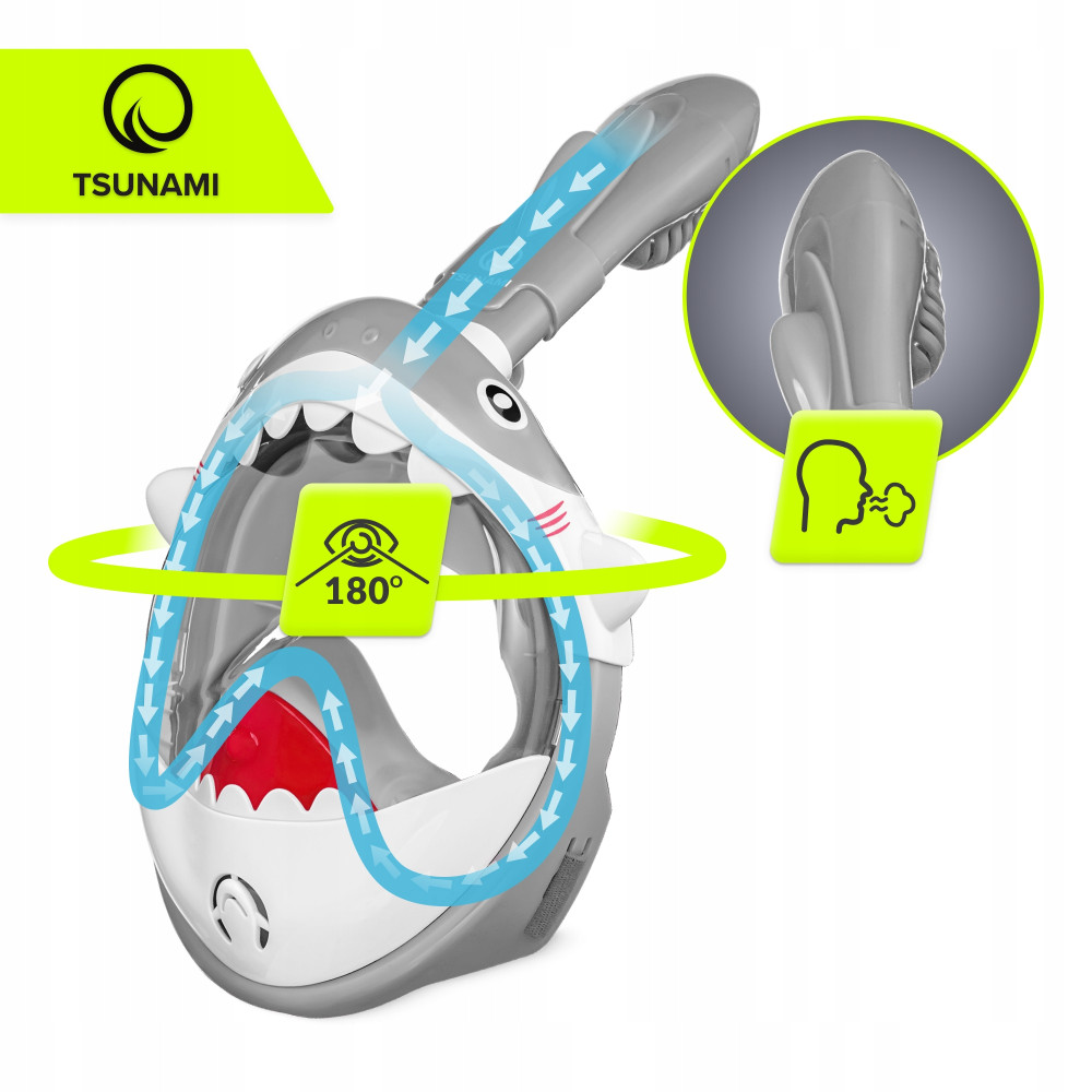 Маска для снорклинга TSUNAMI Shark полнолицевая, детская Grey (P-5905973405447)