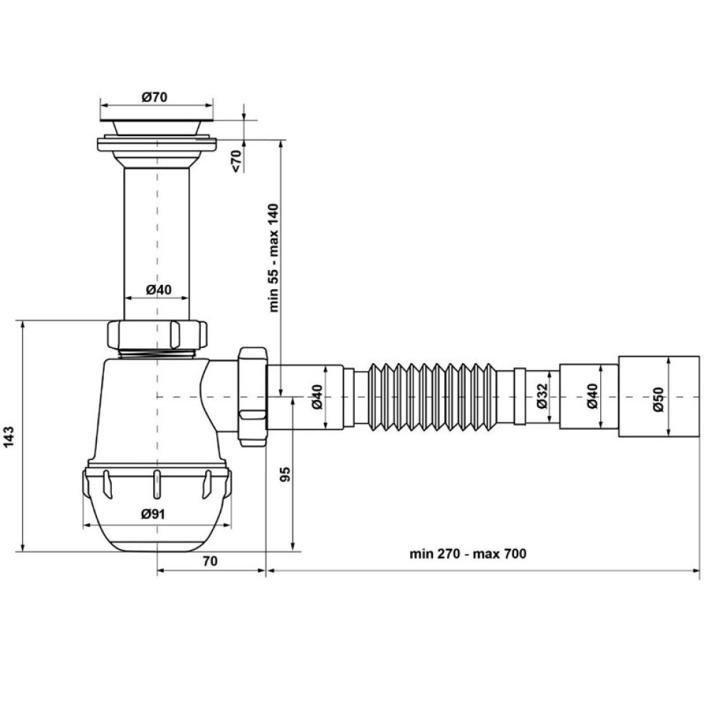 Сифон Waterstal А-40029 для мийки 1 1/2″ з гофрою